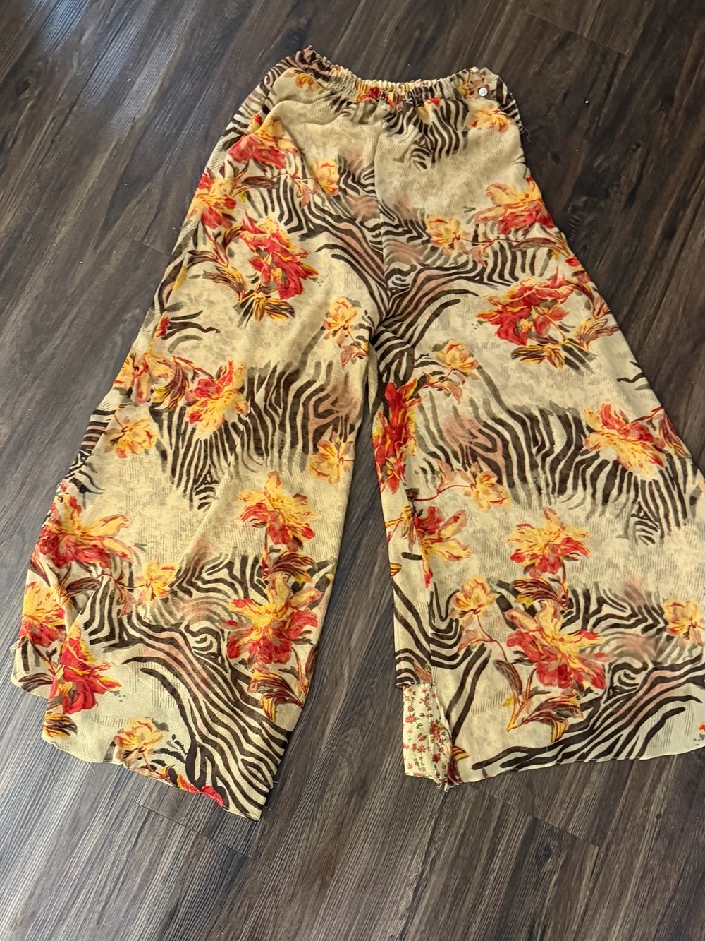 Wide Leg Floral & Zebra Print Pants in Beige